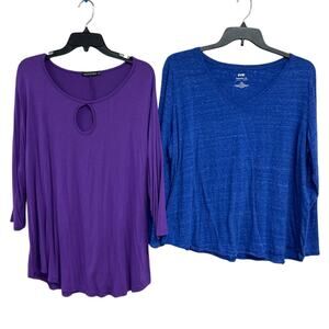 Lot of 2 Monnuro Evri Womens 2X Heathered Crew V Neck Key Hole Long Sleeve Tops